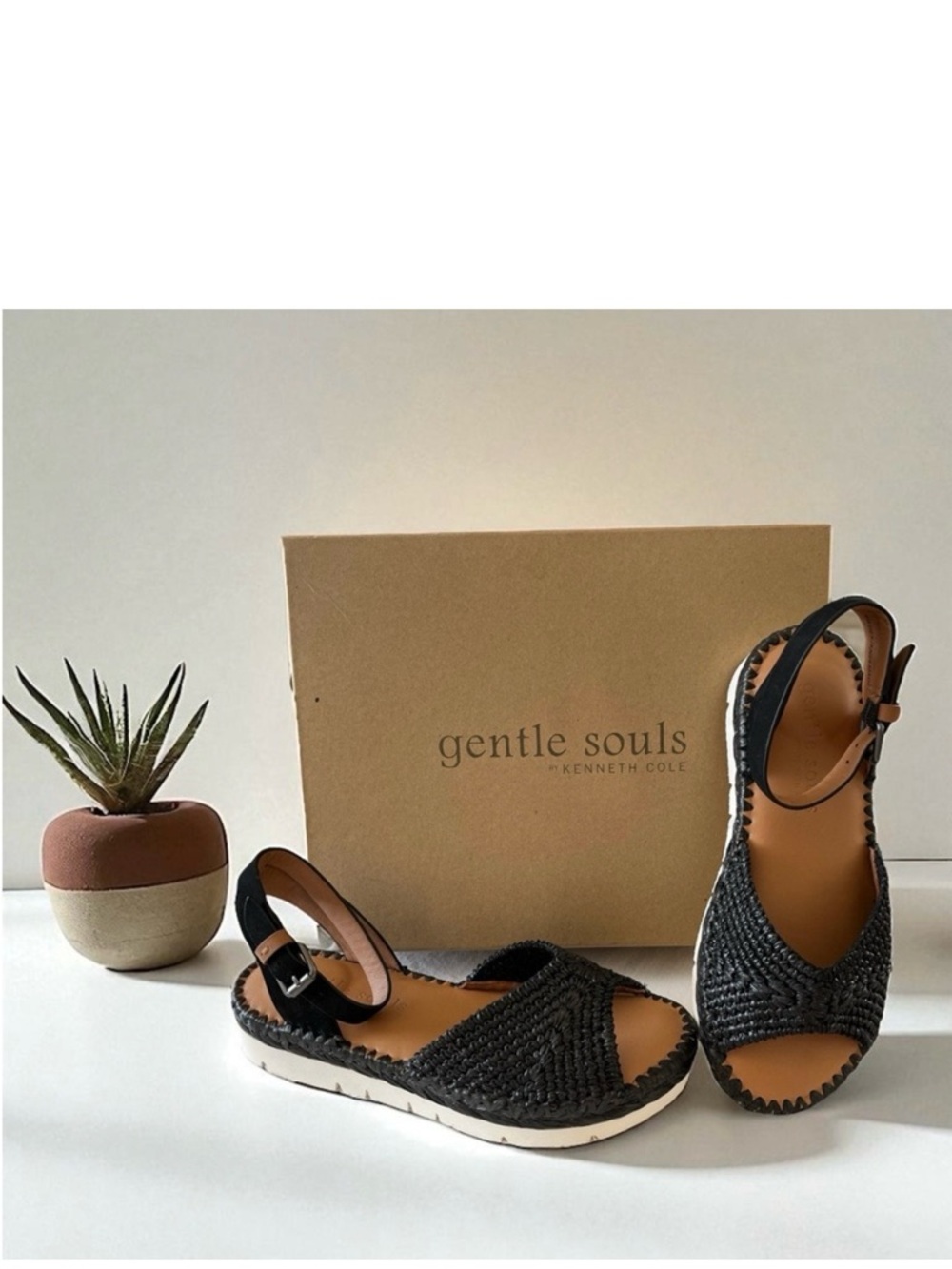 Gentle Souls Lucille Raffia Black Woven Women's Platform Sandal NEW size 6
